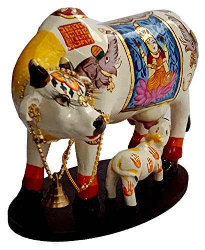 Purpledip Resin Idol Kamdhenu Wish Cow & Calf: Hindu Godess Lakshmi Mahalaxmi Painted Good Luck Statue (10103E) - Image 3