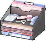 4-Tier Desk Organizer with File Holder, Desktop Letter Tray Holder with 3 Paper Trays and 2 Vertical Section for Folder, Black