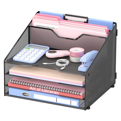 4-Tier Desk Organizer with File Holder, Desktop Letter Tray Holder with 3 Paper Trays and 2 Vertical Section for Folder, Black image 3