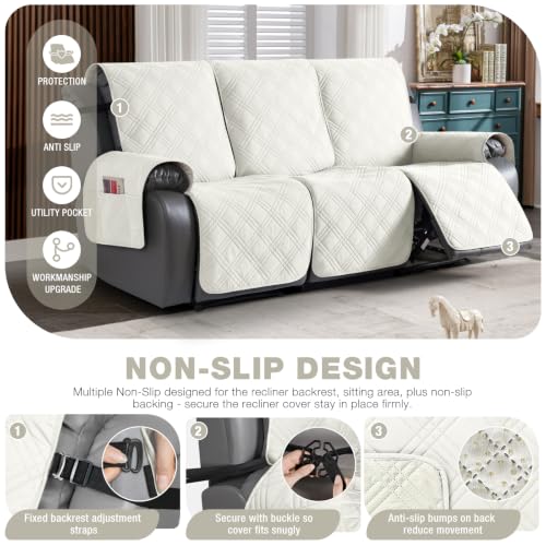 Image of TAOCOCO Waterproof Recliner Sofa Cover Non Slip for Reclining Couch 3 Seat | 100% Waterproof & Washable Split Couch Cover for Dogs & Pets, 3-Piece Recliner Chair Covers with Straps & Pockets, Ivory
