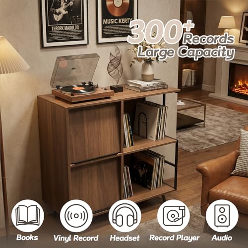 Image of Faesun 3 Tier Flip Top Record Player Stand, Vinyl Record Storage Holds up to 300+ Albums, Large Record Player Cabinet, Vintage Turntable Stand with Vinyl Display, for Living Room Bedroom, Walnut