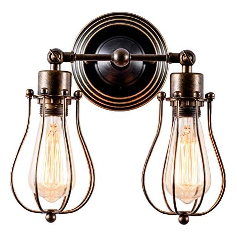 Vintage Wall Lights Adjustable Socket Industrial Lighting Rustic Wire Metal Cage Sconces Indoor Home Wall Lamp Retro Light Fixture (2-Light Lamp Base) (Oil Bronze) Cover