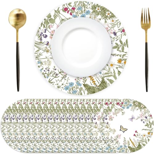 50 manteles Individuales de Papel Redondo, manteles Individuales Desechables con Flor de la Vendimia, 34 cm, decoración de Mesa para Cocina, Comedor, cortijo, Vacaciones, Fiestas