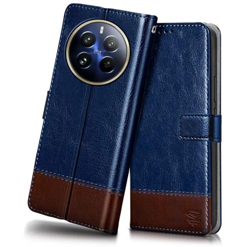 Image of Flipped Vegan Leather Flip Case Back Cover for Realme 12 Pro 5G | Realme 12 Pro Plus 5G (Flexible, Shock Proof | Hand Stitched Leather Finish | Card Pockets Wallet & Stand | Blue with Brown)