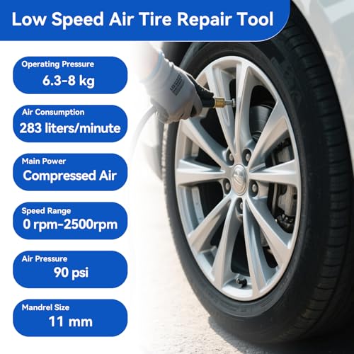 Image of Air Tire Restoration Polish Patch Tools Kit Heavy Duty - Include 2500rpm Low Speed Air Tire Buffer, Tire Inner Liner Scraper, Patch Roller, Tungsten Steel Buffing Wheel