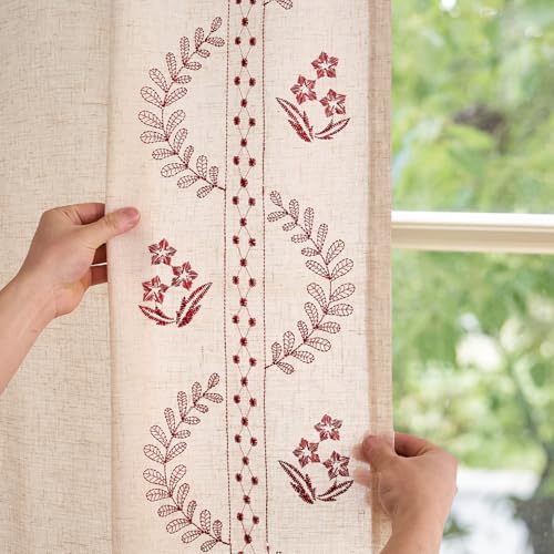 Image of jinchan Floral Linen Curtains 63 Inch Farmhouse Back Tab 2 Panels
