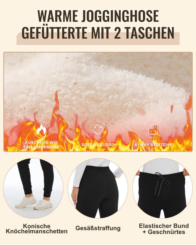 Warme Jogginghose Damen Gefütterte mit 2 Taschen Kordelzug Winter Fleece High Waist Lange Sportleggins Trainingshose Freizeithose Sweathose Schwarz M