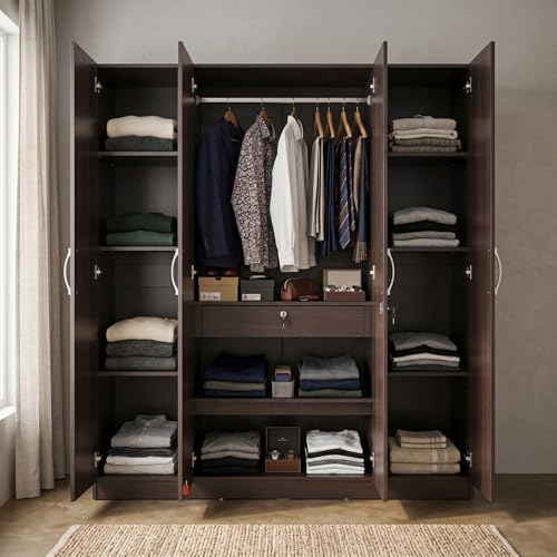 Image of HomeTown Willy Plus 4 Door Wardrobe Walnut (Brown)| Large Wooden Almirah for Bedroom Storage | 4 Door Closet Cabinet | Wardrobe Furniture India