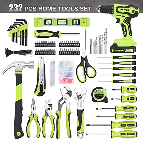 FASTPRO 232-Piece 20V Cordless Drill and Tool Set with Storage Bag, Green