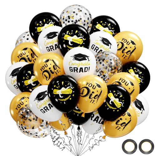 Image of Graduation Decorations 2026 - Graduation Balloons 62pcs 12 Inch Black Gold White Grad Print Latex Confetti Balloons for College High School Class of 2026 Congrats Grad Party Decor Supplies (Ribbon)
