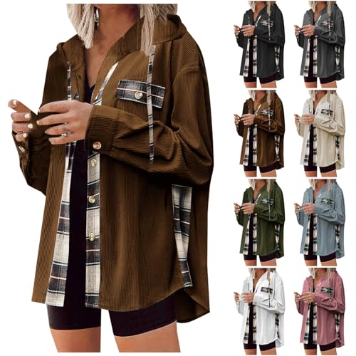 HGps8w Women's Plaid Patchwork Oversized Corduroy Shirt Jacket - Loose Button Down Long Sleeve Winter Coats Outerwear2
