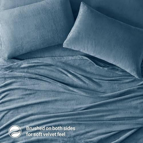 Image of True North by Sleep Philosophy Plush Sheet Set Full, Solid Color, Warm & Soft Bedding Full Size Sheets, Fitted Pocket Fits Up to 16 inch Mattress, Soloft, Full, Blue, 4 Piece