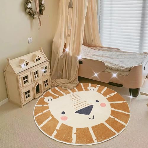 ABREEZE Kids Play Rug 4ft, Lion Round Area Rug Kids Nursery Door Mat Soft Plush Non-Slip Childrens Carpet for Bedroom Living Room Playroom,Brown