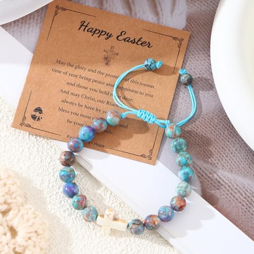 Image of enasal Easter Basket Stuffers for Teens Girls, Nature Stone Easter Gifts Cross Bracelet, Christian Gifts Inspirational Jewelry