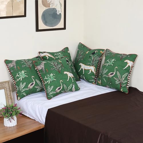 Image of Forest Theme Quilted Cushion Covers 16 inch x 16 inch Set of 5 Printed Square Cotton Throw Pillow Covers 40x40 cm Pack of 5 for Home Sofa Decoration