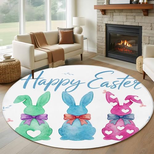 Round Rug 7Ft Washable Non-Slip, Happy Easter Circle Area Rugs