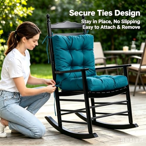 Image of QILLOWAY Outdoor Chair Cushion for Patio Furniture, Waterproof Patio Cushions Set of 4 with Ties, Fade Resistant Replacement Pads for Outdoor Rocking Chairs,Peacock Blue