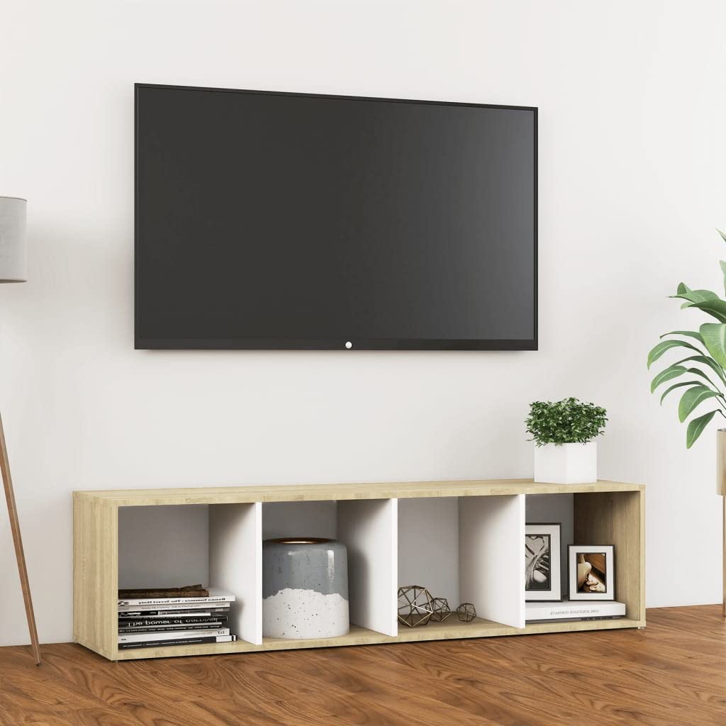 Modern TV Cabinets,Open Storage Cabinet,Placed Horizontally or Vertically,Gaming TV Entertainment Center, for Magazine,Book,DVD,Multimedia Devices,White and Sonoma Oak 56.1"x13.8"x14.4" Chipboard
