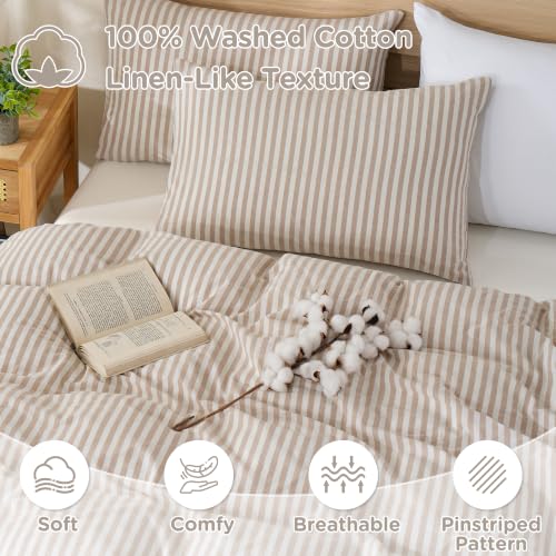 Image of TOCOMOA Brown Striped Duvet Cover Set 100% Washed Cotton Like Linen, King | Linen-Like Feel Soft, Breathable & Comfy for All Season. Lightweight Bedding Set with Zipper & 8 Ties. 3 Pcs, No Insert