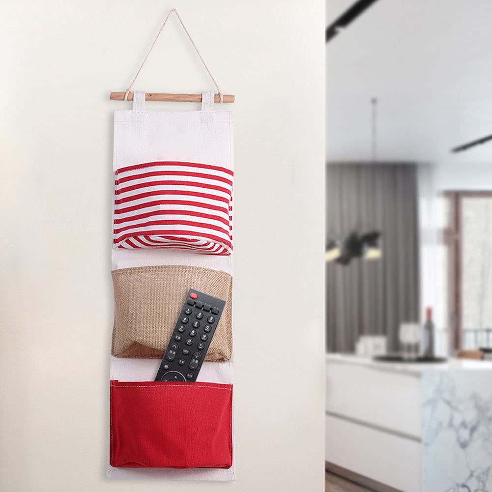 Natudeco Wall Hanging Storage Bag Linen Farbric Hanging Pocket Organizer Over The Door Closet Hanging Organizer Wardrobe Hanging Pouch Bag(Red)