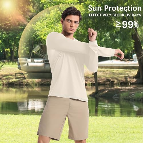 Beige White UPF 50+ Sun Shirts for Men Fishing Elasticity Mens Sun Shirts UV Protection Long Sleeve Beach4
