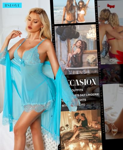 Image of RSLOVE Women Sexy Lingerie Set 3 Piece Babydoll & Lace Kimono Robe Strap Chemise Sleepwear Mesh Nightgown