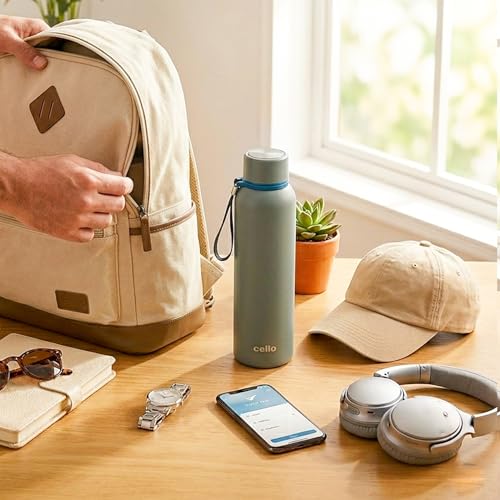 Image of CELLO Duro Kent Gen-X Stainless Steel Flask 720 ml Fosil Grey | Wide Mouth with Carrying Loop, Leak Proof Double Wall Vacuum Insulated Hot and Cold Flask Water Bottle for Office Gym Biking & Travel