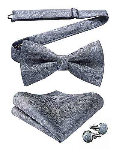 HISDERN Herren Paisley Grau Fliege und Einstecktuch mit Manschettenknöpfe Set，Schleife mit Haken - Bereits Gfebunden，Verstellbare Fliege，Vorgebundene Fliege，für Hochzeit Sfeier Weihnachten Halloween