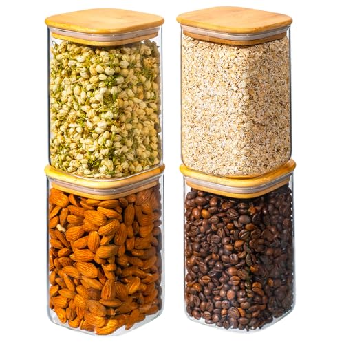 37oz 4PCS Glass Storage Containers with Lids, Glass Jars with Lids Pantry Food Storage Jars, Square Canister For Cookie, Nuts, Snack, Cereal, Candy, LeafTea, Coffee, Spice