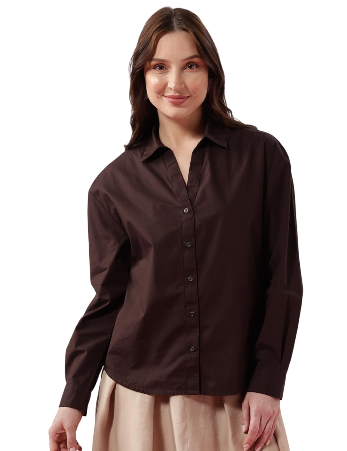 Flying Machine Womenâ€™s Oversized Solid Shirt â€“ 100% Cotton | Full Sleeve | Oversized Fit | Shirts for Women in neutral