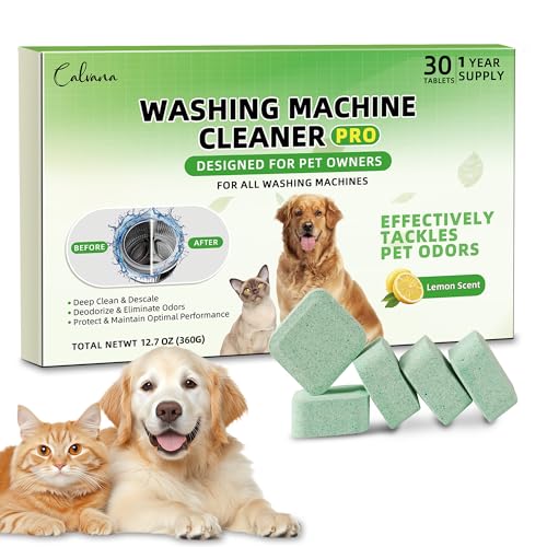 Calvana Paquete de 30 tabletas de limpieza para lavadora, formuladas para dueños de mascotas, limpiador de lavadora, para cargadores frontales, cargadores superiores, máquinas HE, elimina fácilmente