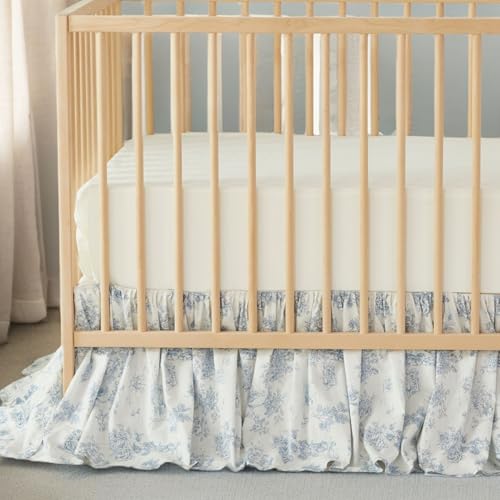 Image of Brandream French Country Toile Floral Print Cotton Crib Skirt Toddler Bedskirt Baby Nursery Crib Bed Skirt Boho Bohemian Neutral Blue Farmhouse Chic Ruffles Skirt