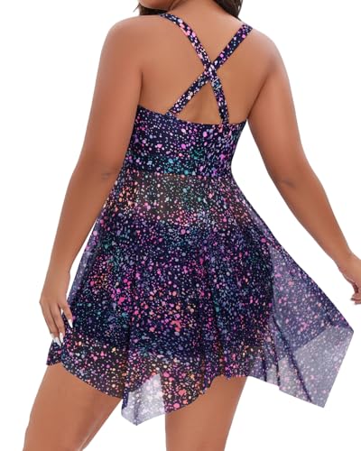Image of Daci Plus Size Two Piece Swim Dress with Shorts for Women Mesh Swimsuits Flowy Bathing Suits