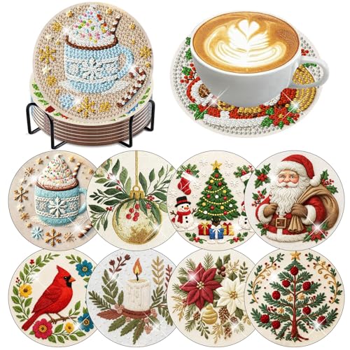 HHMATITS 8 Pcs Diamond Art Coasters Kit for Adults Christmas Diamond Painting Coasters with Holder Cork Pads 5D DIY Full Round Diamonds Painting Coaster Kit for Gifts 4X4 Inch