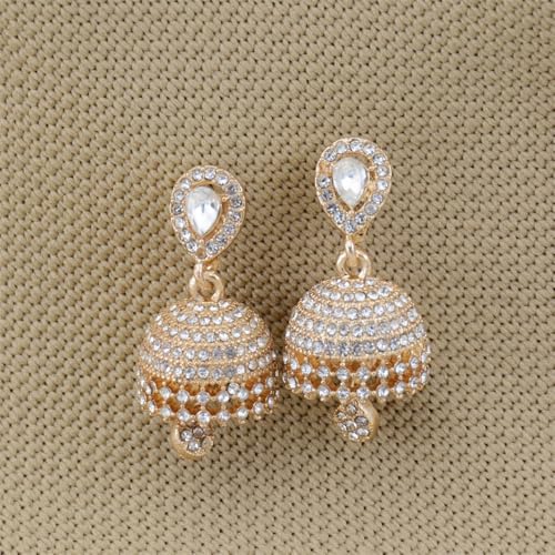 Dainty CZ Jhumki Bell Teardrop Dangle Drop Earrings for Women Silver/Gold Plated Crystal Bohemian Vintage Indian Chandelier Statement Dangling Stud Hypoallergenic Traditional Fashion Jewelry3