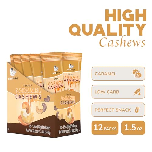 Image of NEWBAM Sea Salt Caramel Cashews - 12 Individual Packs - Sweet & Salty | Real caramel & sea salt. Vegan. 12g net carbs, 4g protein. Dessert-worthy, gift-ready, always fresh.
