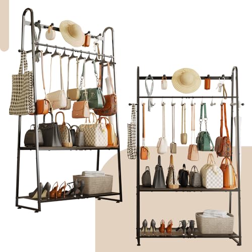 KAFAHOM Purse Organizer for Closet, Large Capacity Purse Rack stand with 10 Purse Hangers and 6 Purse Hooks for Bag Storage, Multi-Purpose Handbag Shelf, Ironwood Purse Holder