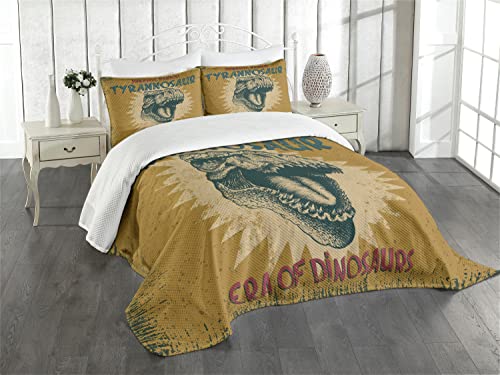 Ambesonne Retro Poster Bedspread Set, Grunge Style Vintage Tyrannosaur Dinosaur Jurassic Fossil Pattern Print, 3 Piece Decorative Bedding Coverlet and 2 Pillow Shams, Queen Size, Pale Coffee
