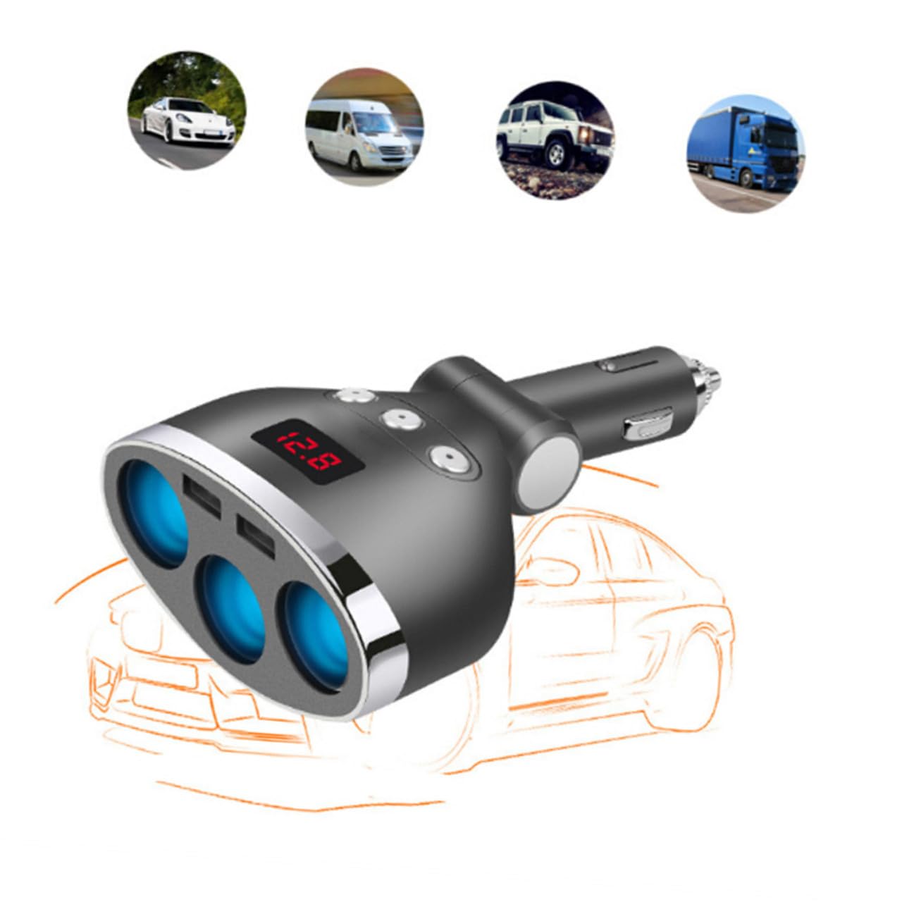 Prise Allume-Cigare de Voiture 1 vers 3, Plastique Noir 120w