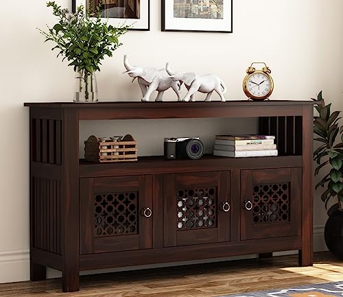 Image of Solid Sheesham Wood Wooden Sideboard Storage Cabinet & Chest of Drawer : Ideal for Living Room and Bedroom with 3-Shelf Storage (Hurtado, Walnut Finish)