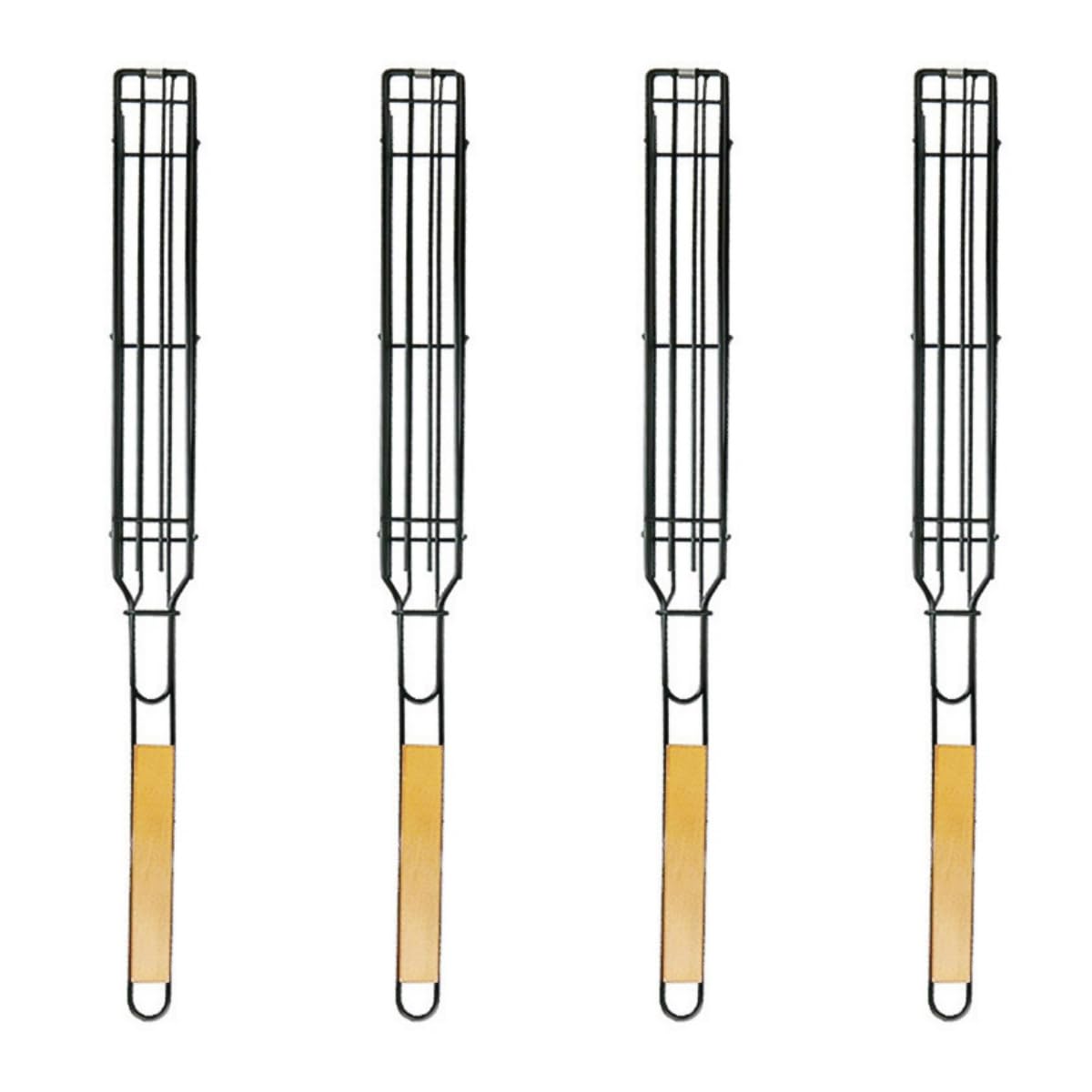 Antihaft-Grillkorb für Hot Dogs mit Griff aus Naturholz und Schiebeverschluss – Korb mit langem Griff für Würstchen, Gemüse und Grillspieße – Ideal für das Grillen im Freien (4er-Set)