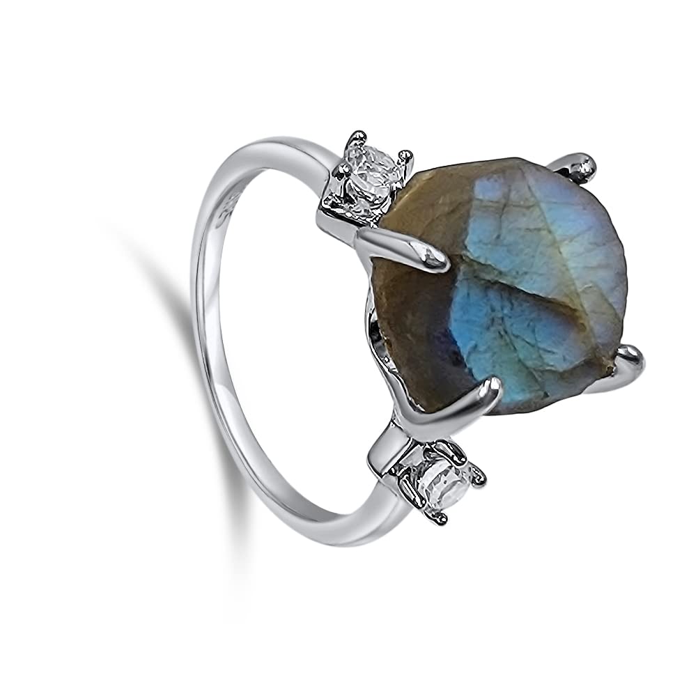 Real Raw Crystal Ring Birthstone sterling silver White Gold statement Jewelry gift for her Christmas Mothers Day Birthday Valentine Statement Ring Gift Uniquelan Jewelry (labradorite, 8)
