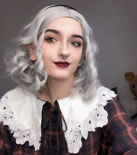 FESHFEN 14 Inches Gray Short Bob Curly Wig L Part Wig with Side Parting Hair Wigs Wavy Synthetic Wig for Women Girls Charming Cosplay Party