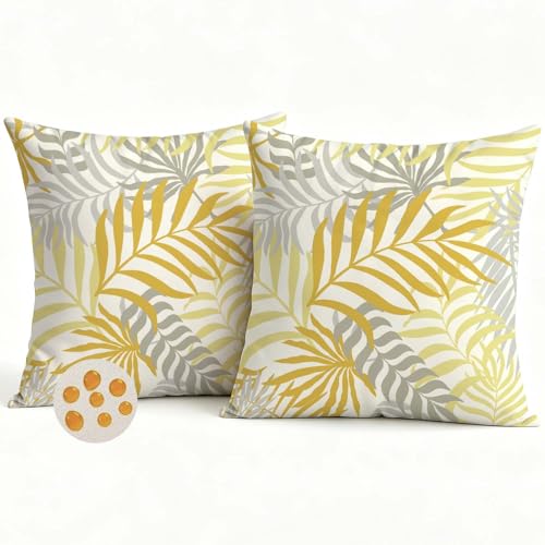 Avalune Housse de Coussin Canapé 40 x 40 Exterieur Impermeabl Jaune et Gris Feuilles Tropicales Housse Coussin Décoratif Taie d'oreiller pour Chambre Sofa...