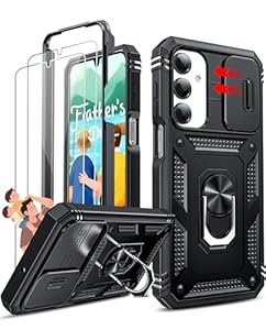 LeYi Beschermhoesje voor Samsung A16 5G/4G, met gehard glas, 2 stuks, camerabescherming, slidable, stootvast, 360 graden ringhouder, TPU bumper, zwart