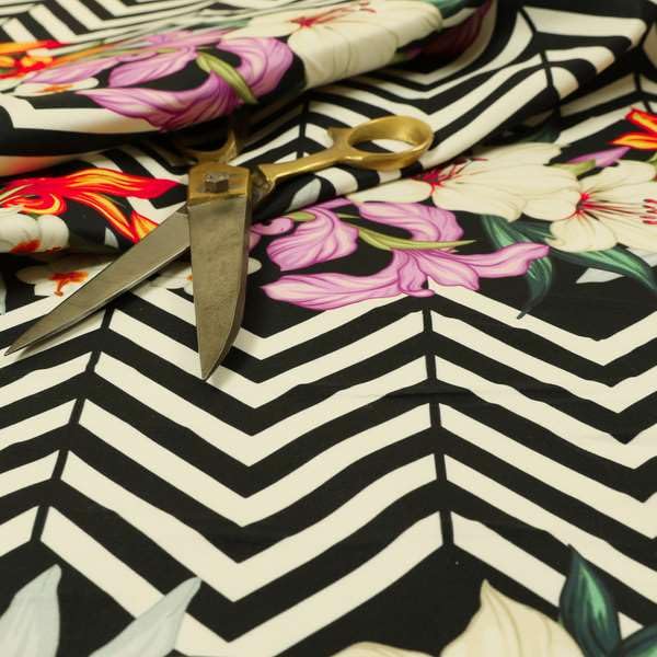 Redbrick Mill Fabrics Flame Retardant Black White Chevron Colour Floral Print Velour Velvet Upholstery Curtain Fabrics (Per Metre) โ image 1