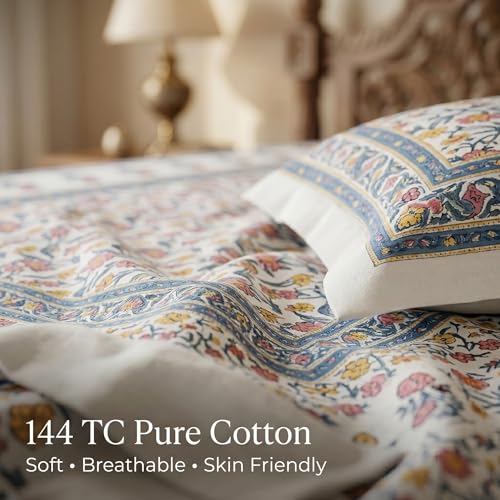 Image of Mafatlal 144 TC Heritage 100% Cotton Bedsheet for Double Bed & Queen Size Bed with 2 Pillow Covers(90x108 inches), Jaipuri Rajasthani Design, Extra Soft & Wrinkle Free| Vivid Multicolor