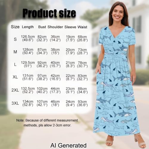 Image of Women's Fall Summer Short Sleeve Ankle Length V-Neck Party Dress with Pockets Size S-3XL