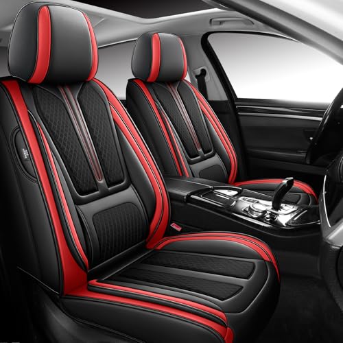 Image of Seat Covers for Front Seat,Nappa Leather Car Seat Covers,Waterproof Universal Fit Car Seat Cushion,2 PCS Automotive Seat Protector for Most Sedans SUV Pick-Up Truck Sedans,Black&Red