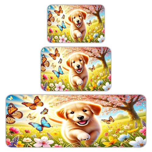 Sunlit Spring Meadow Golden Retriever Puppy Kitchen Rug Mat Sets